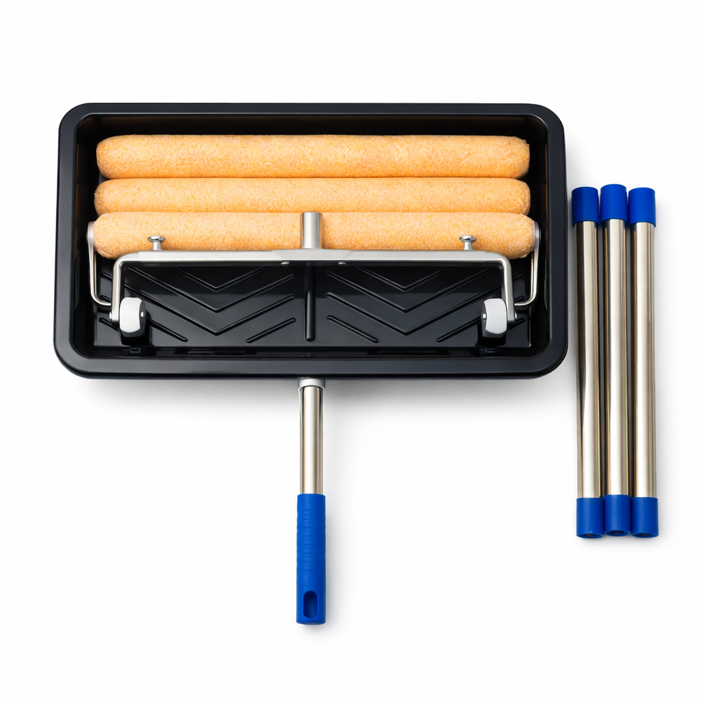 Set profesional de vopsit Thomas – 3 role microfibră 460 mm, cadru reglabil, mâner telescopic 0.4-1.6 metri, tavă profesională